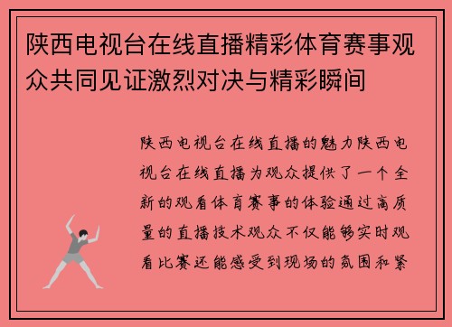 陕西电视台在线直播精彩体育赛事观众共同见证激烈对决与精彩瞬间